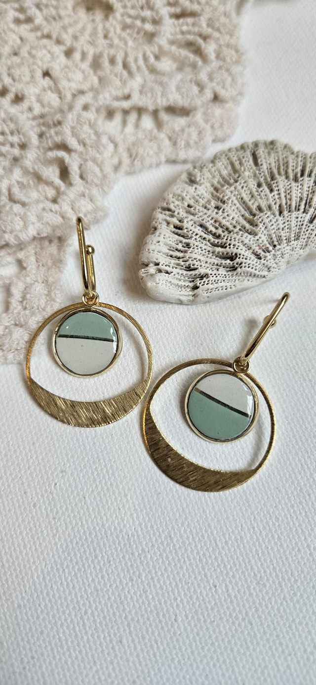 Paire de boucles d'oreilles - porcelaie Badonviller - acier inoxydable doré