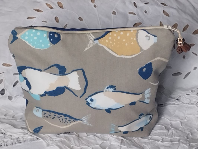 Trousse pochette "les poissons" doublée coton rayé fermeture zip  