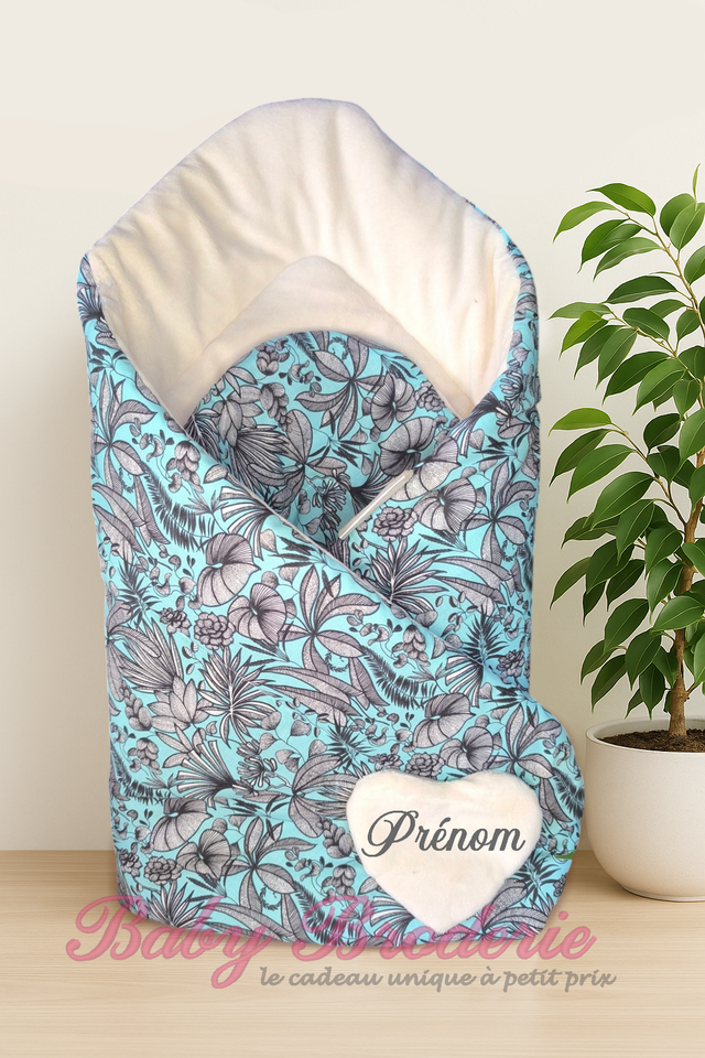 Nid d'ange Blanc casé et turquoise à fleur grise