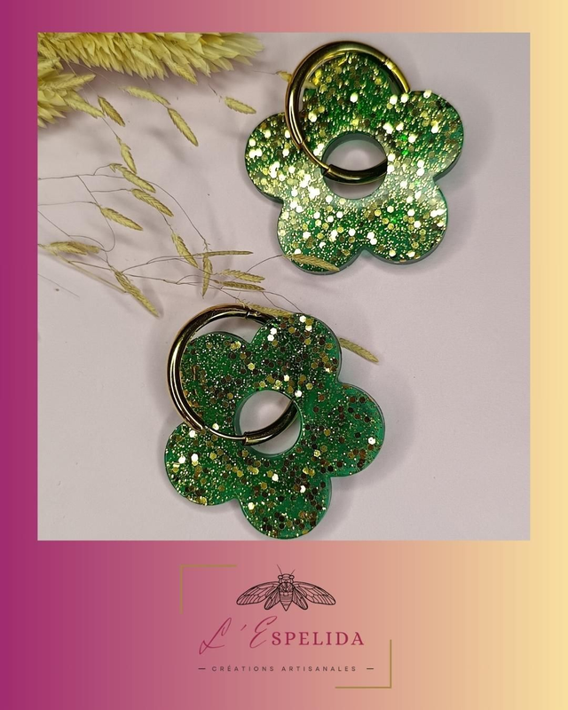 Plurielles Big Flowers vertes à paillettes dorées 