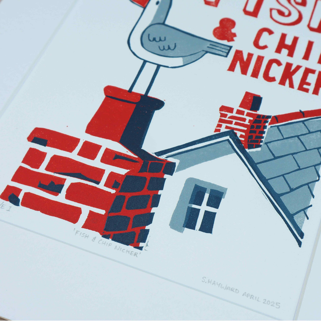 Fish & Chip Nicker Linocut Print - framed