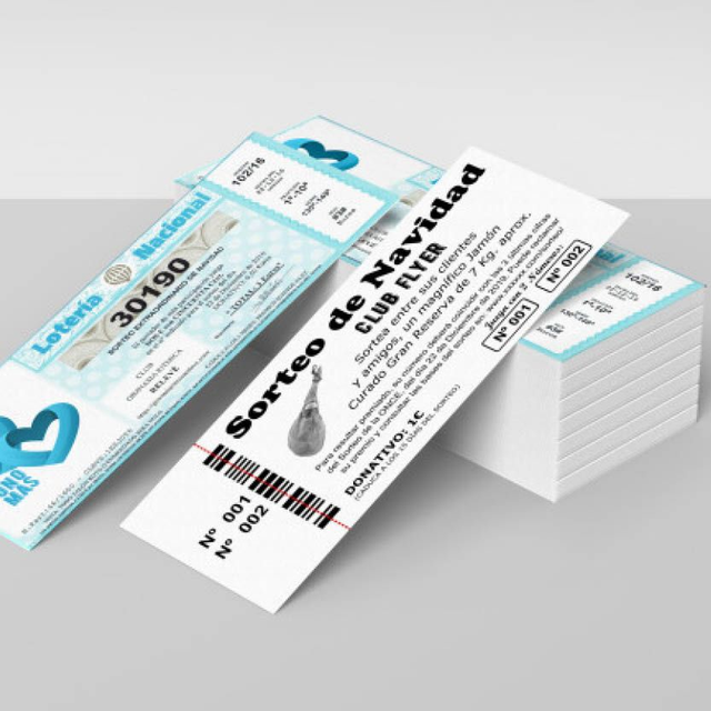 PAPELETAS PARA SORTEO O RIFA, IMPRESOS EN COLOR NEGRO SOBRE PAPEL DE COLOR, NUMERADOS CON MATRIZ, TROQUELADA, PAPELETA DE 140 X 55 MM