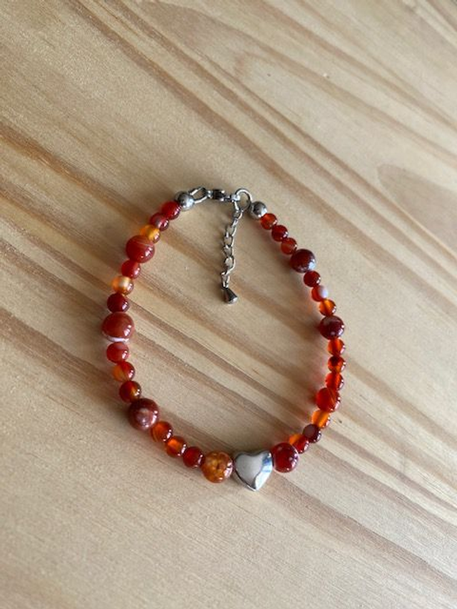 Bracelet Coeur Agate Rouge/Feu 4 &amp; 6mm - Bracelet Cable 