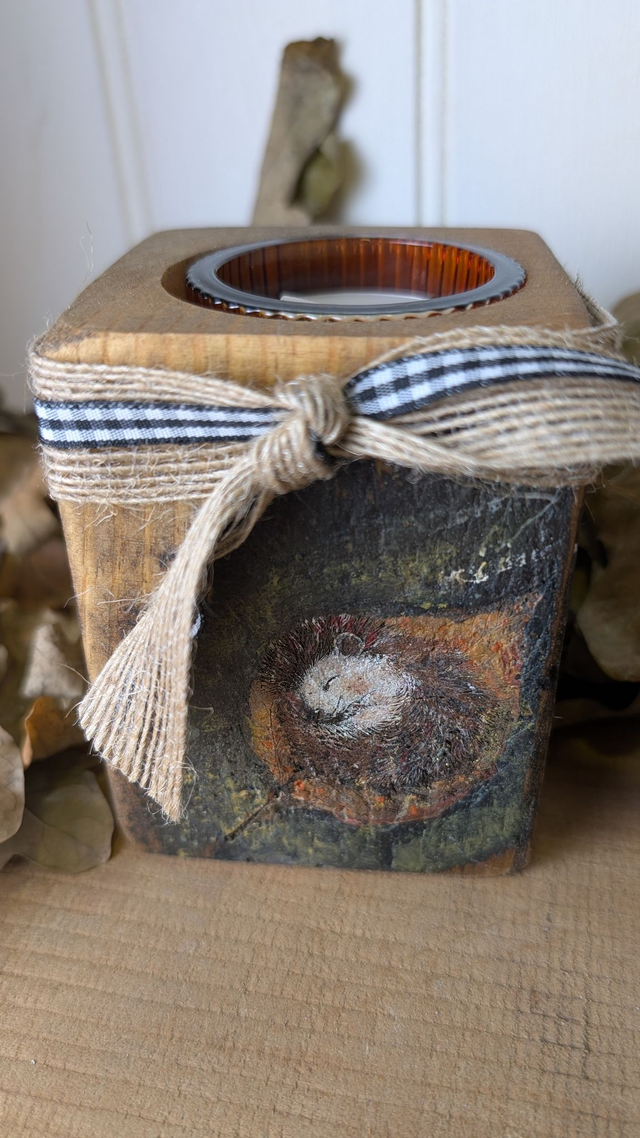 Hedgehog sleeping on leaf - with Glass Tealight Holder