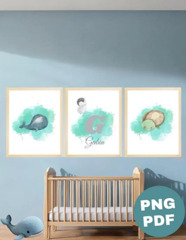 Lot de 3 affiches thème marin océan pour chambre bébé fichiers numériques Png Pdf
