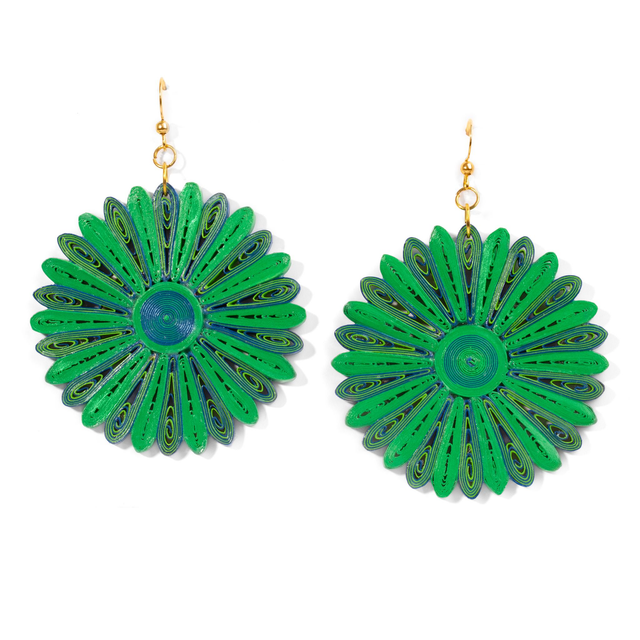 Grande boucle d'oreille Marguerite vert et bleu
