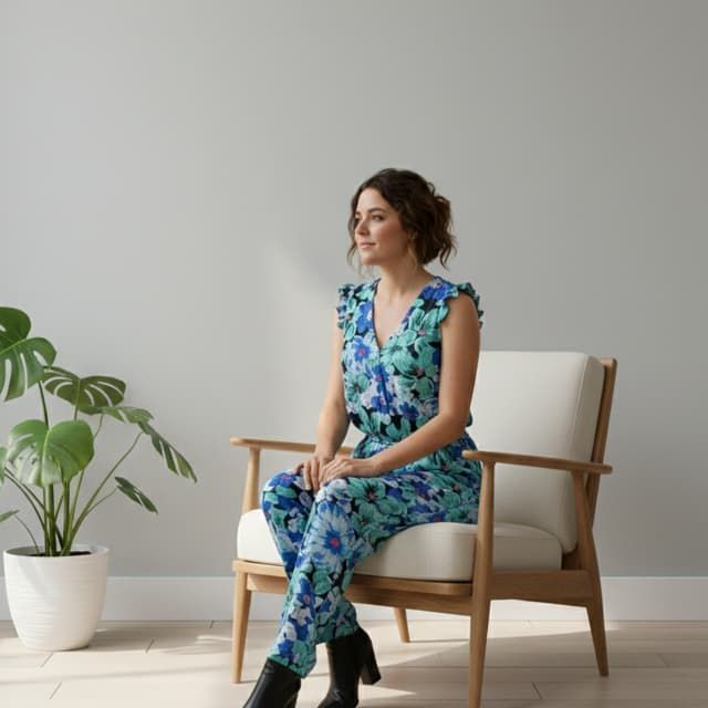 Combinaison Bleue Fleurie Emma Ella – 100% Coton &amp; Dos Fendu