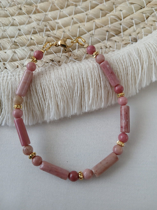 Dames armband Rhodoniet buis en kralen – goudkleurig RVS (1.260)