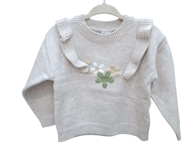 Pull laine beige fleur