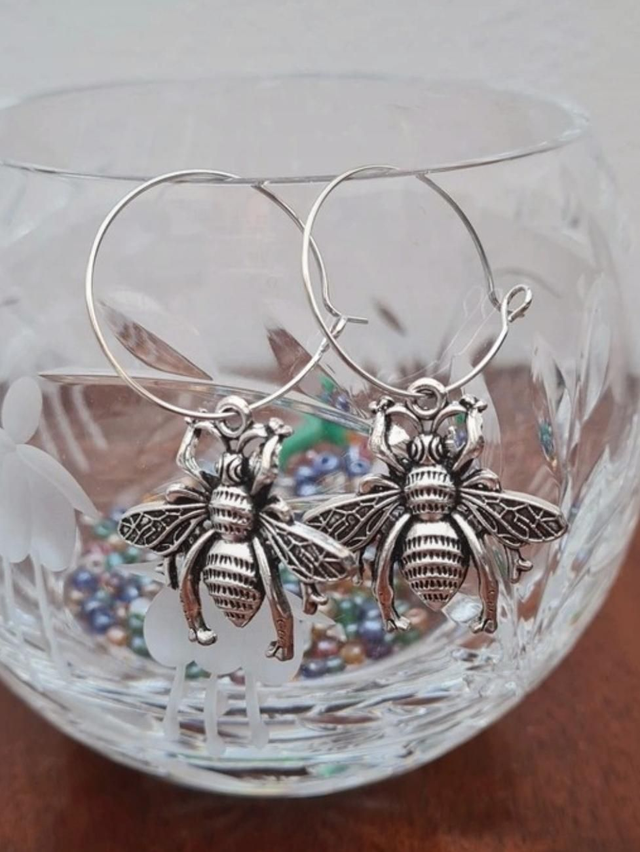 New Large Silver Bee Earrings Hoops