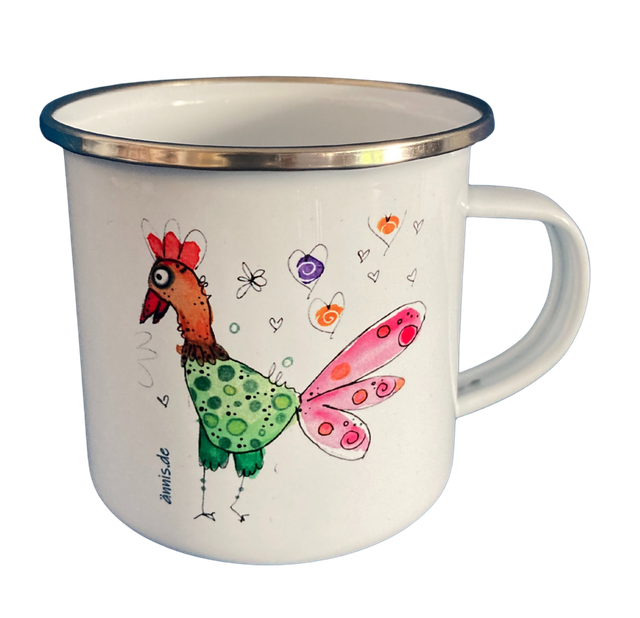 Emailletasse "Huhn - grün/rosa"