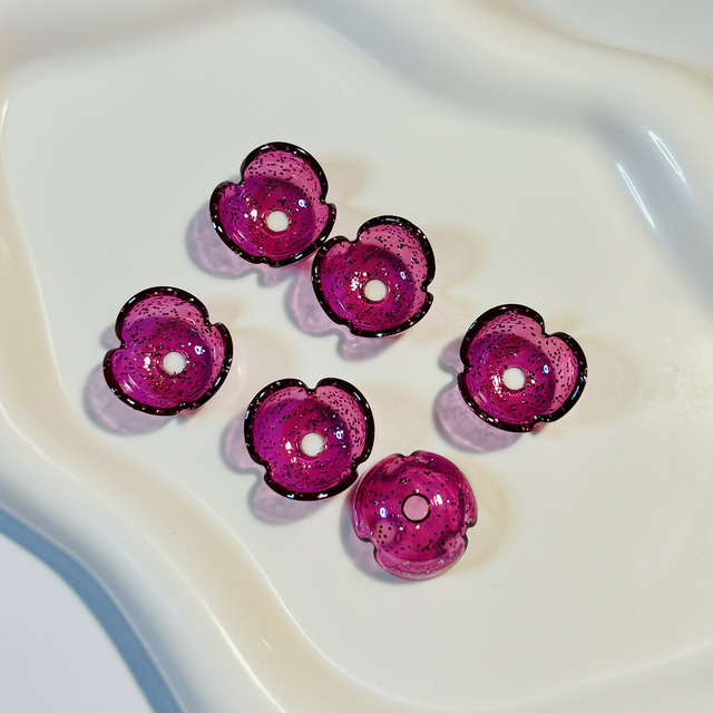 Flower acrylic bead caps x 6 in glittery purple