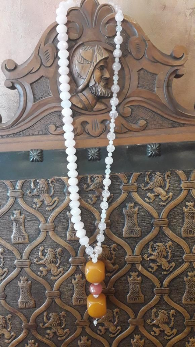 Sautoir quartz rose, ambre, argent 925