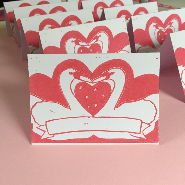 Lino print Swan card - personalised 