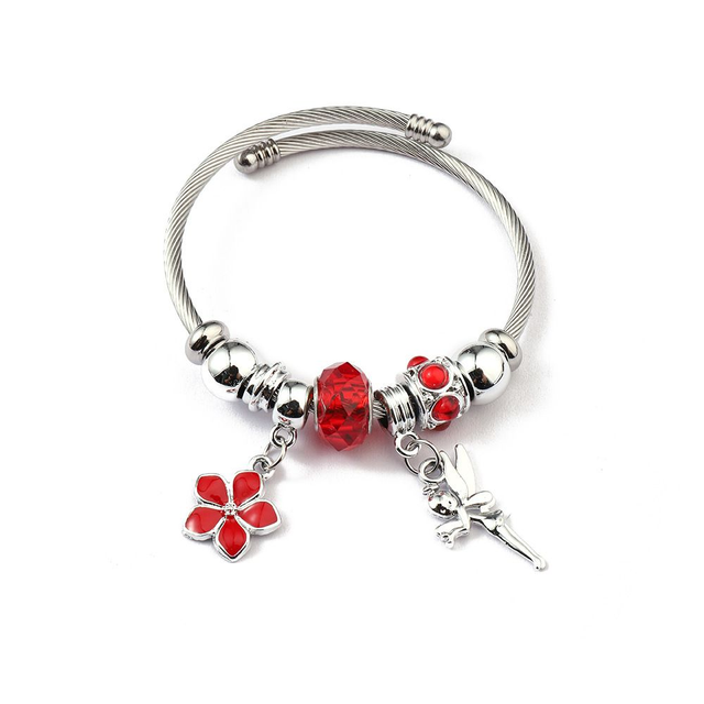 Bracelete em Aço Inox com Cristais Coloridos e Pendente de Fada e Flor - Ref. FP-62852