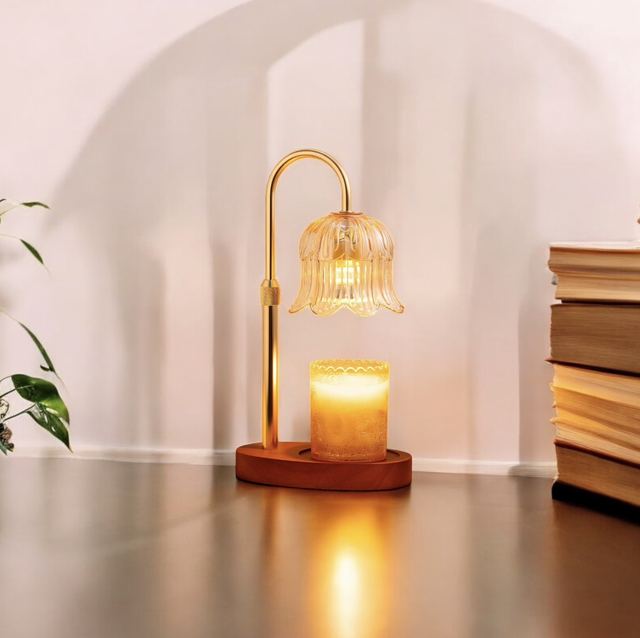 Amber Glass Flower &amp; Dark Wood Electric candle Warmer