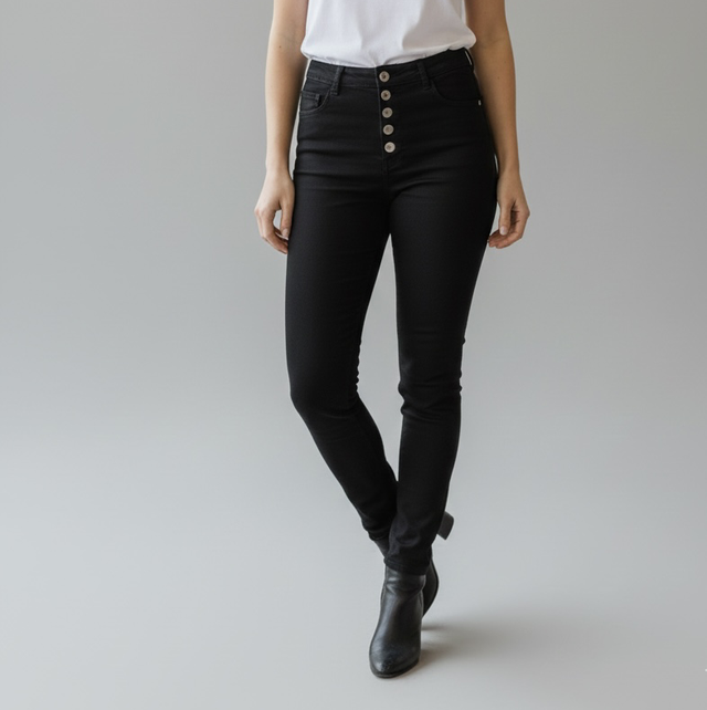 Jean Slim Noir Place du Jour - Taille Haute & 5 Boutons Apparents - Confort Stretch