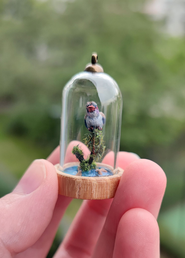 lilac kingfisher - one of a kind miniature diorama jewelry