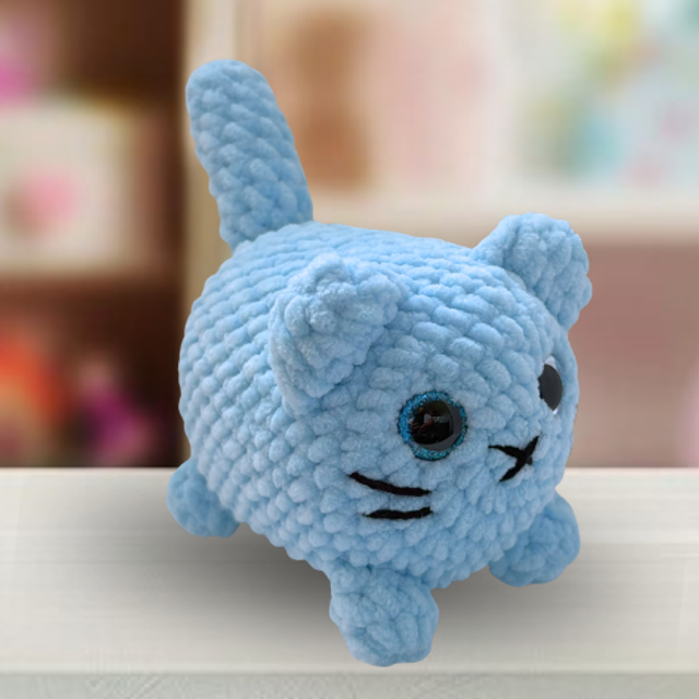 Crochet Chenille Loaf Cat, Baby Blue, Glitter Eyes, ukca Tested