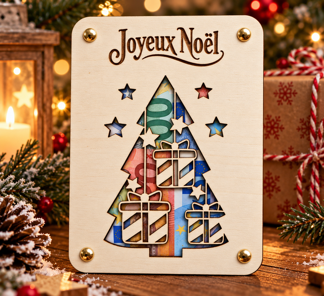 Carte porte billets en bois "Joyeux Noël sapin avec cadeaux"