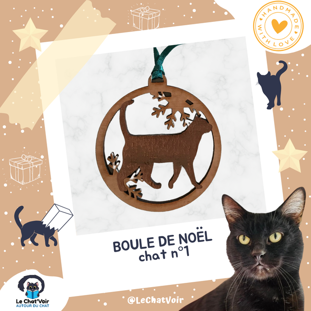 Boule de Noël, chat n°1 (bois naturel)