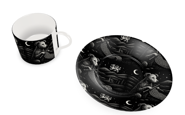 'Draig Knitting at Night' Bone China Draig at Night Cup &amp; Saucer