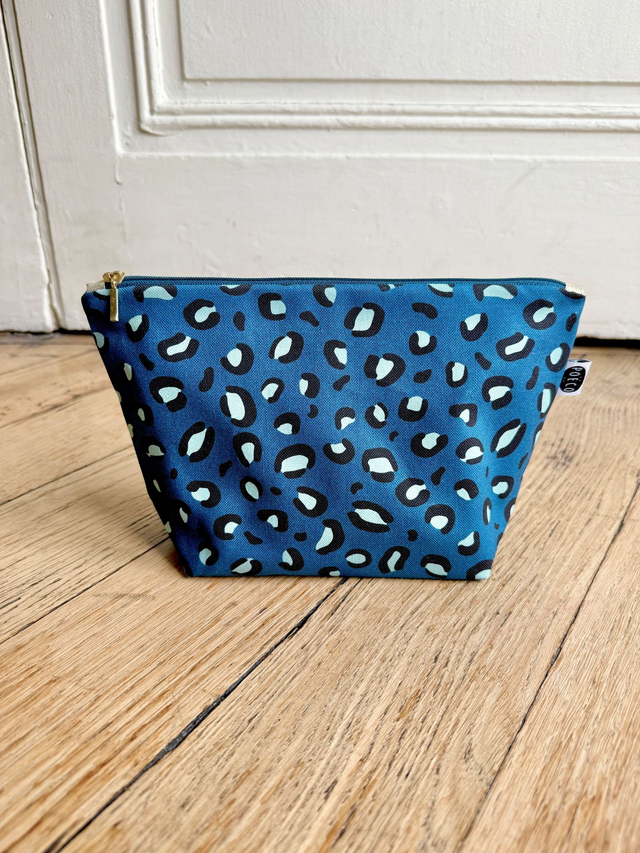 Trousse de toilette - tissu intérieur imperméable - LEOPARD bleu petrole