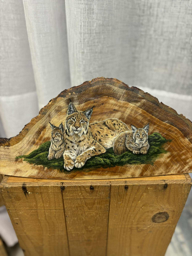 " Le chemin des Lynx " - Peinture Fragment bois unique 45 cm