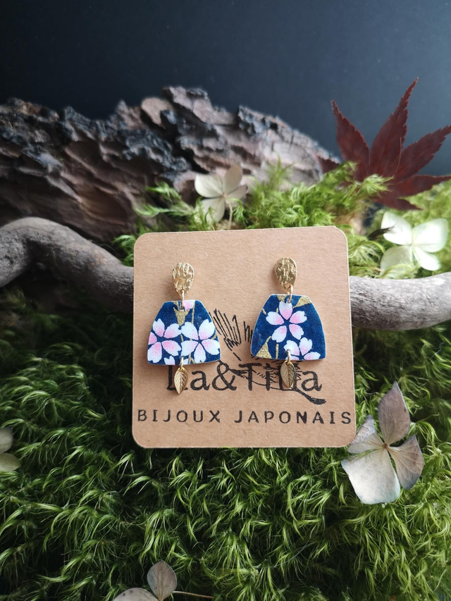 Boucles d'oreilles - puces - papier washi - Sakura - feuilles - La&Titia 
