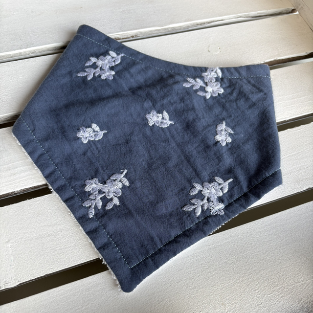 Blue with White Embroidery Florals Bamboo Dribble Bib    