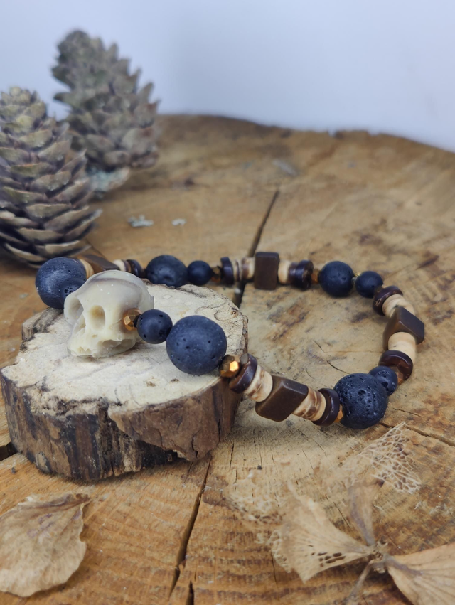 Bracelet homme Tête de mort Vintage et pierres de lave naturelle s