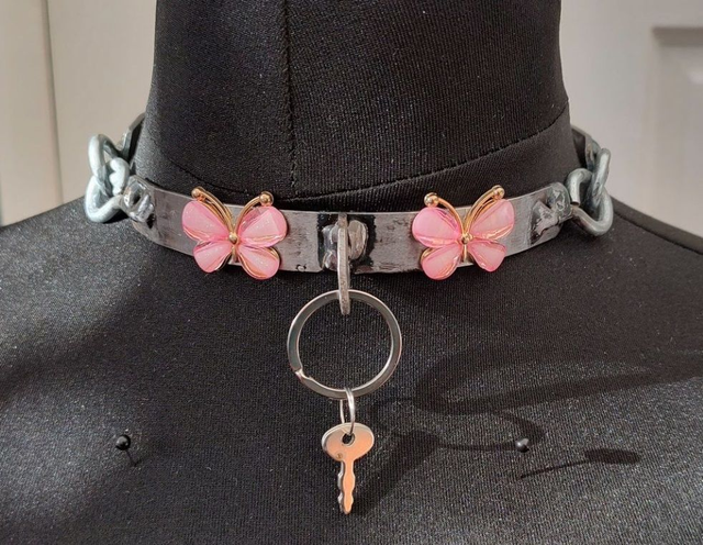 Steel collar with pink butterflies