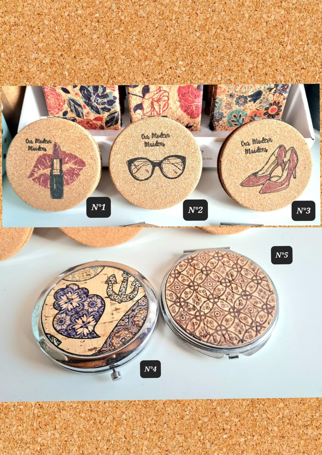 Miroir de poche rond en liège imprimé (divers motifs à choix)