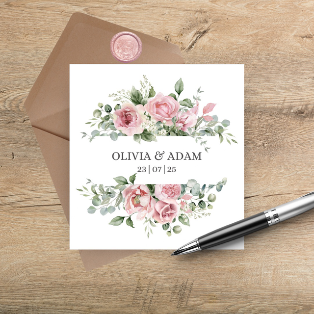 Dusty rose &amp; eucalyptus- square, tri-fold Wedding invitations - including guest information &amp; RSVP