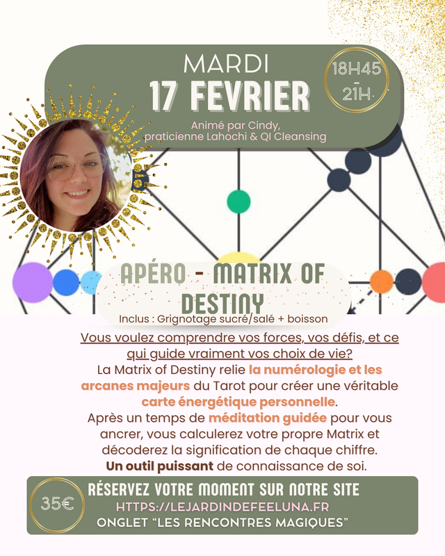 17 Février 2026 (Mardi) 18h45-21h - Apéro&amp;Matrix of Destiny avec Cindy, énergéticienne