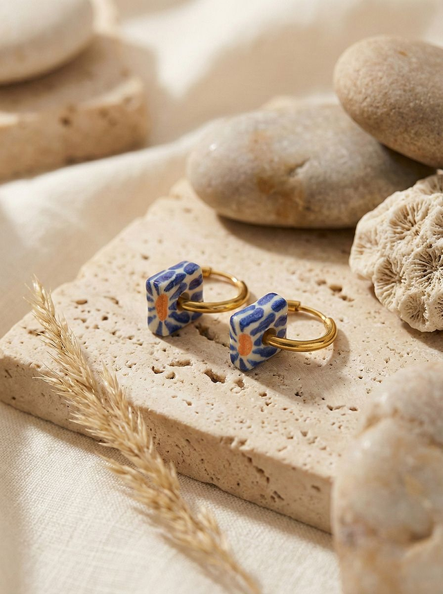 Square Klein Blue Flower Thick Hoop Ceramic Earrings