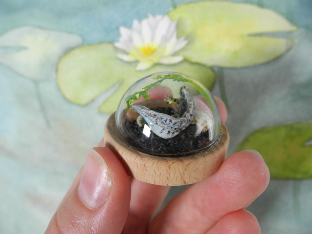 Not so smooth now - Among the lilypads - Miniature diorama Jewelry - Clear glass dome with delicate handmade smooth newt – animal jewelry