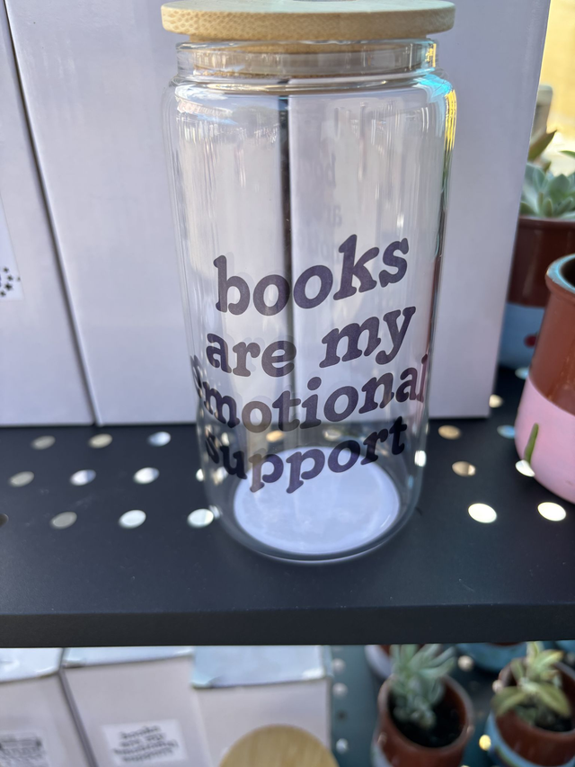 Books are my Emotional Support - Sublimated Glass Can with Bamboo Lid and Straw