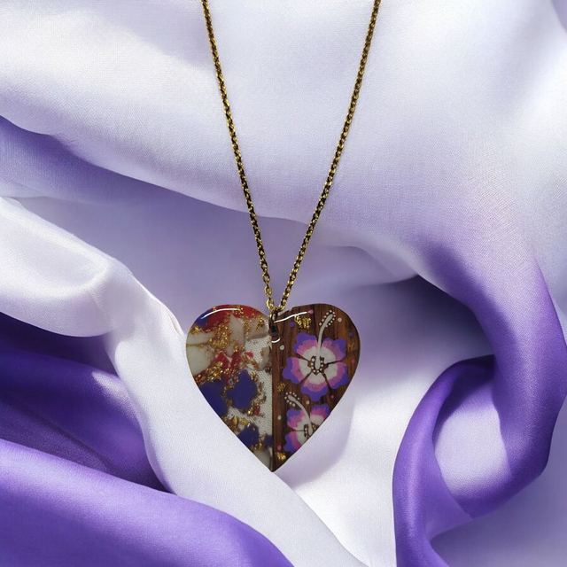 Collier dessiné Flora acier inoxydable violet parme et rouge bi matière