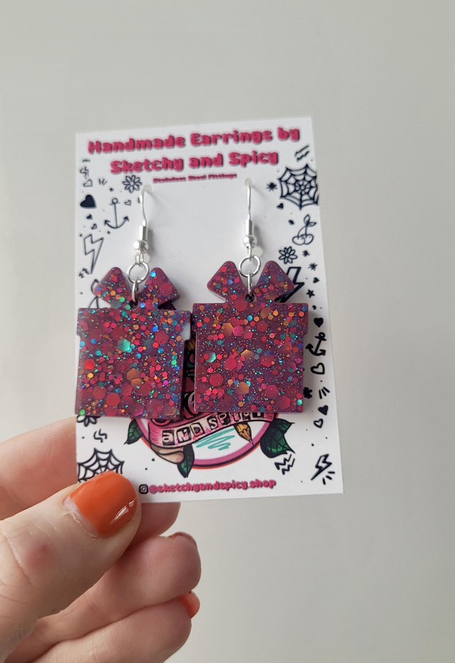 Earrings | Plum Glitter Present Earrings | Stainless Steel Hooks