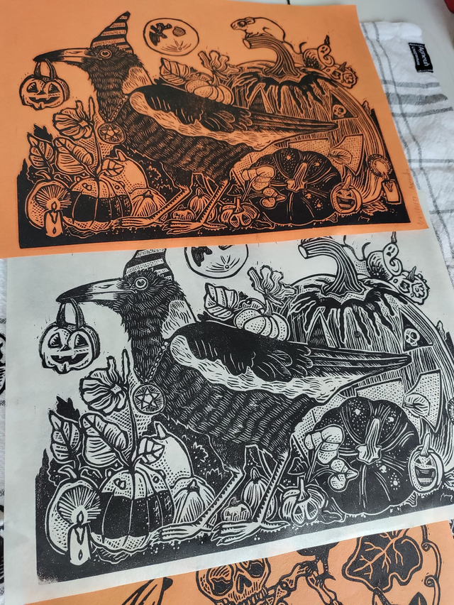 Le corbeau et les citrouilles, linogravure format 20X26cm
