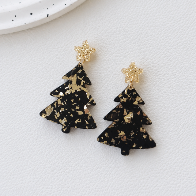 Black and Gold Christmas Tree Earrings