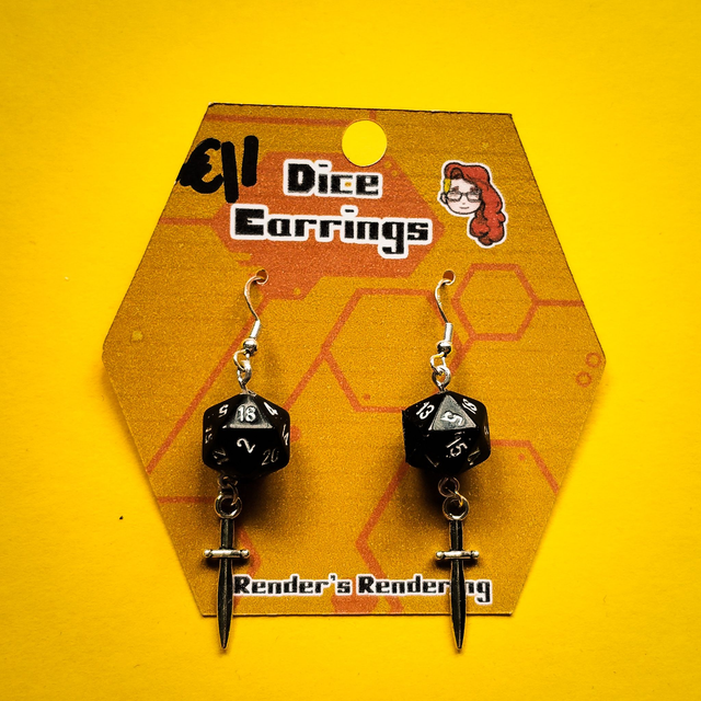 Dagger and Black - Mini D20 Dice - Earrings  [EAR-DIC-BLK-D]