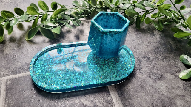 Trinket Tray &amp; Pot Set - Blue Teal Holographic Glitter