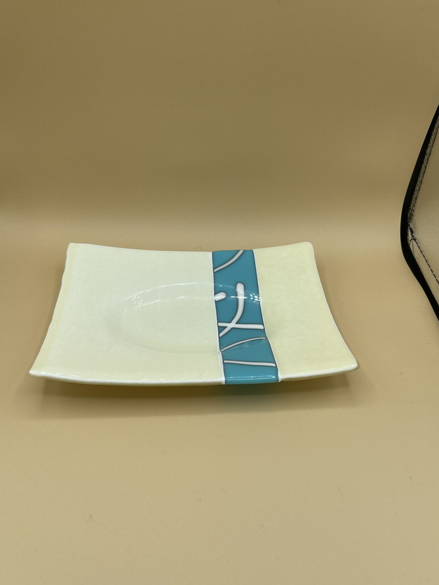 French Vanilla Shallow Dish with Turquoise Pattern Panel