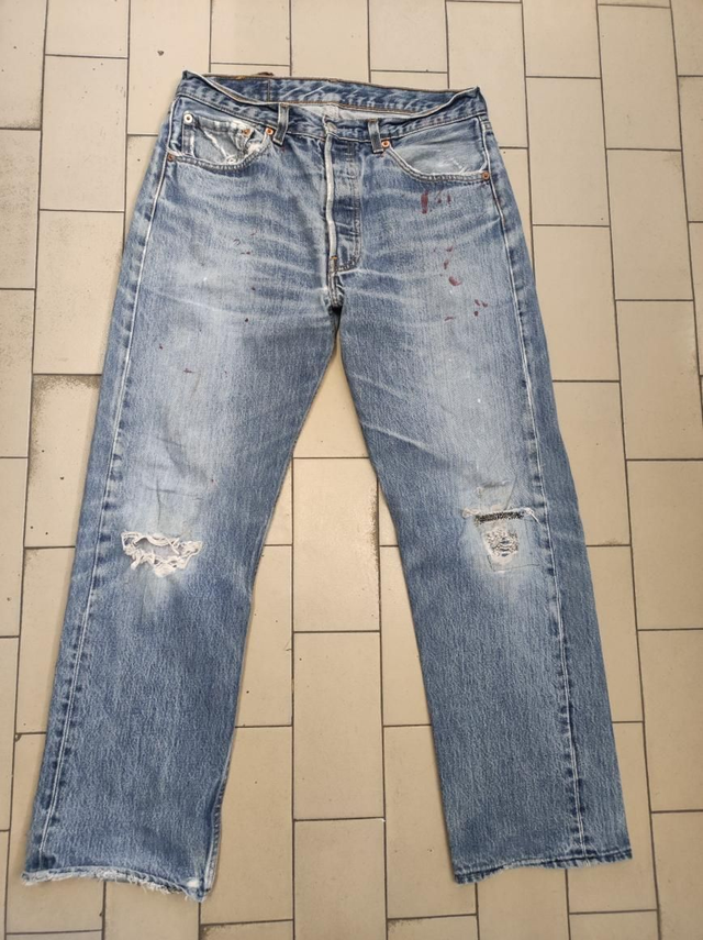 Reworked denim pants with print 