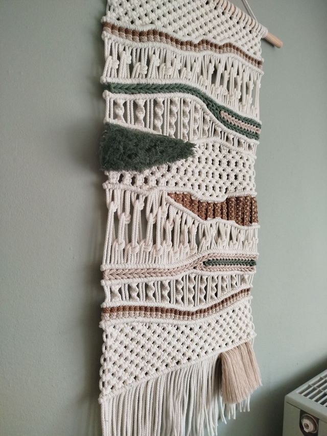 Tissage beige vert marron en macramé