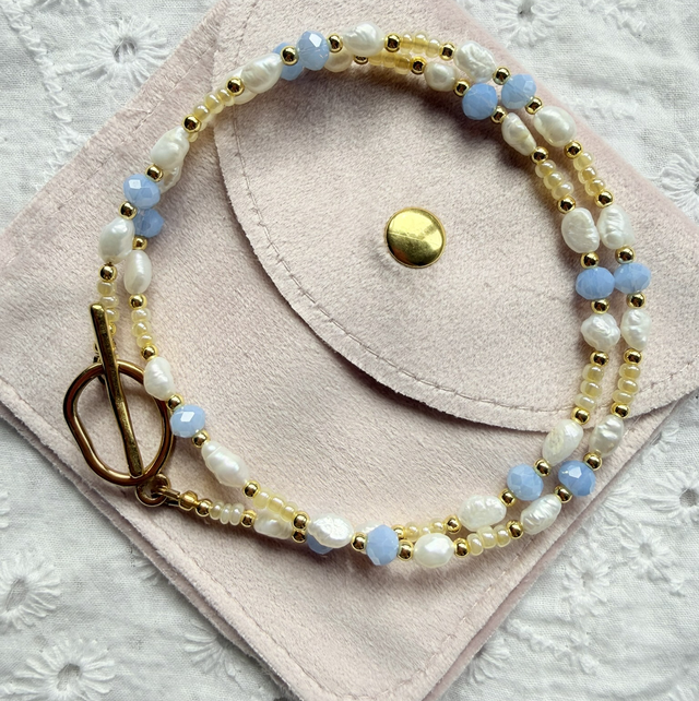 ARABELLA - Powder Blue, Butter Yellow & Pearl Beaded Toggle Necklace