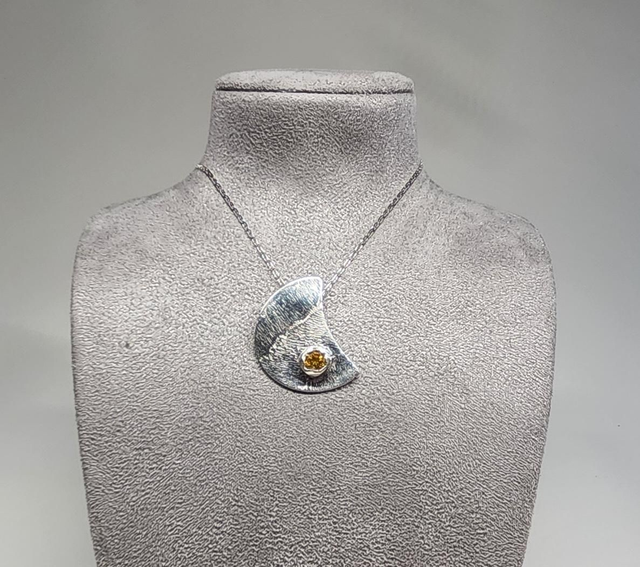 Half moon fine silver pendant with citerine cubic zirconia