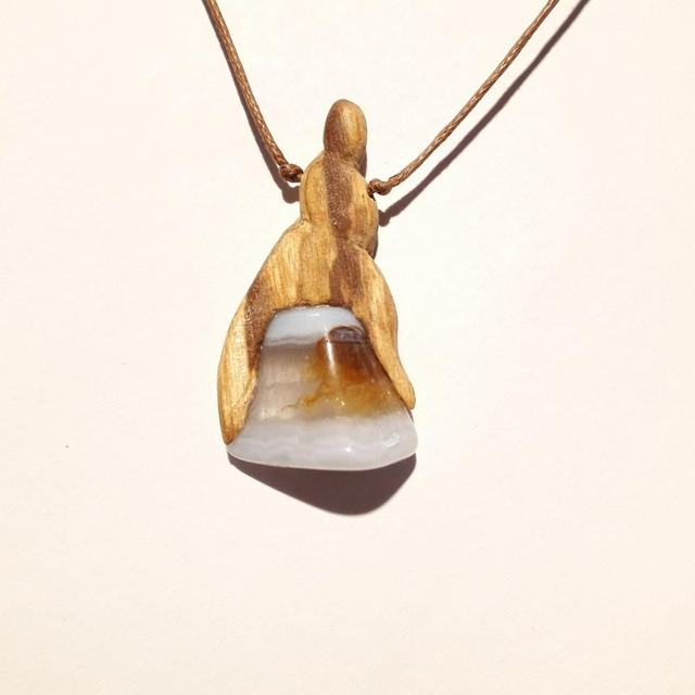 Blue Lace Agate Necklace With Hand Carved Palo Santo Wood  (1)